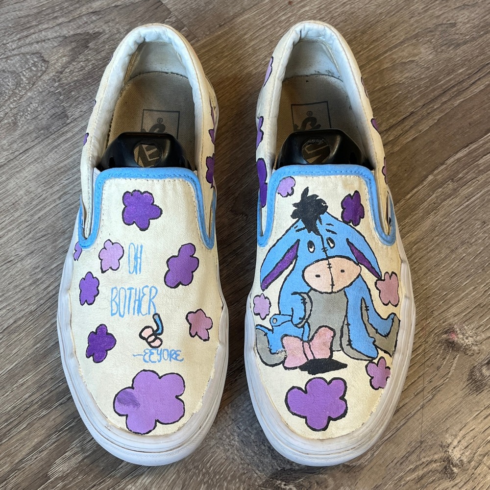 Vans Custom Hand Painted Eeyore Winnie the Pooh Slip On Shoes Womens 9 Mens 7.5